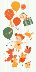 Fototapeta premium Joyful girl in a dress surrounded by balloons and playful animals in a festive setting.