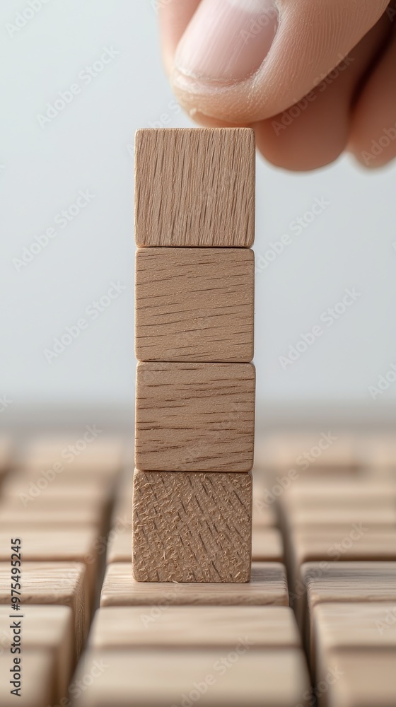 Poster a hand places a wooden block atop a stack of similar blocks, emphasizing balance and precision in st