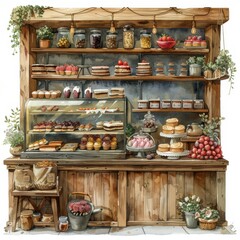 Fototapeta premium watercolor clipart of miniature cake shop, on white background, watercolor effect, watercolor texture