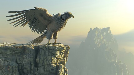 A majestic eagle perched on a cliff with its wings spread, looking out over a distant mountain range.