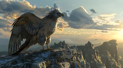 A majestic white griffin perched on a mountain cliff at sunset, with a flock of birds flying in the distance.