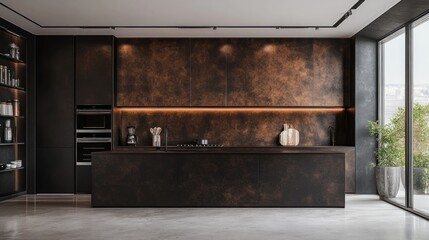 Modern kitchen with dark wood cabinets and a copper backsplash.