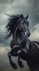 Majestic black horse running with flowing mane against stormy sky