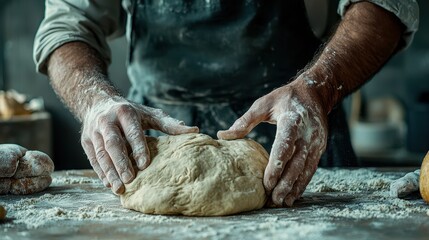 Precision in Action: Passionate Male Baker Kneading Dough with Expertise, Emphasizing Texture and Effort