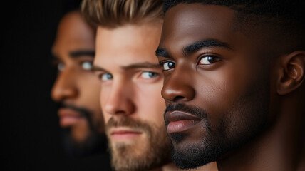 Obraz premium stockphoto, multiracial male photomodels. Asian, caucasian, black or hispanic male models. Diversity theme. Ethnic different photo models posing for a studio photo shoot.