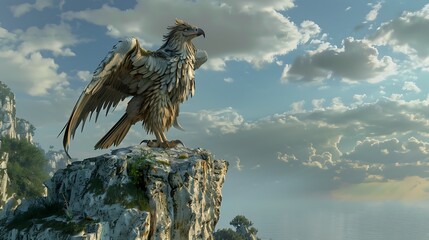 A majestic, white feathered griffin perches on a clifftop overlooking the ocean and clouds.