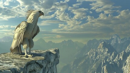 A majestic white eagle perched on a cliff overlooking a vast mountain range.