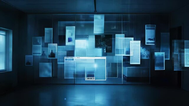 Dark room illuminated by glowing digital screens. Floating translucent panels display fragmented information. Harsh blue light casts eerie shadows. Holographic images flicker and shift. 