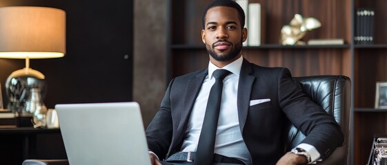 Professional man in suit sitting at desk with laptop, exuding confidence and readiness for work in modern office environment.