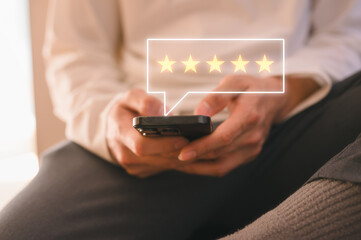 Customer service experience and satisfaction survey concept Close up of man customer sitting in...