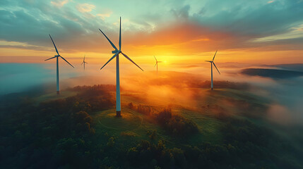 Wind Turbines in the Mist at Sunrise - Aerial Photography