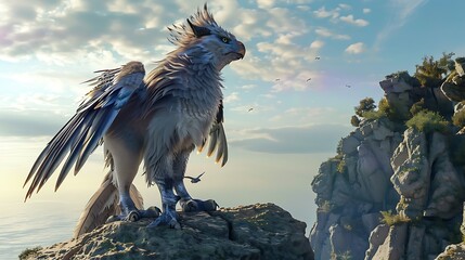 A majestic griffin stands on a cliff overlooking a vast ocean.