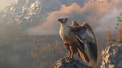 A majestic griffin perched on a cliff overlooking a foggy mountain range.