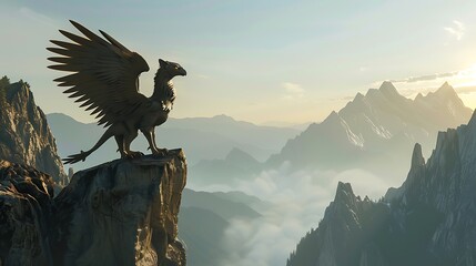 A griffin stands on a cliff overlooking a vast mountain range with fog and clouds.