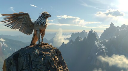 A mythical griffin stands on a mountain peak overlooking a vast valley.