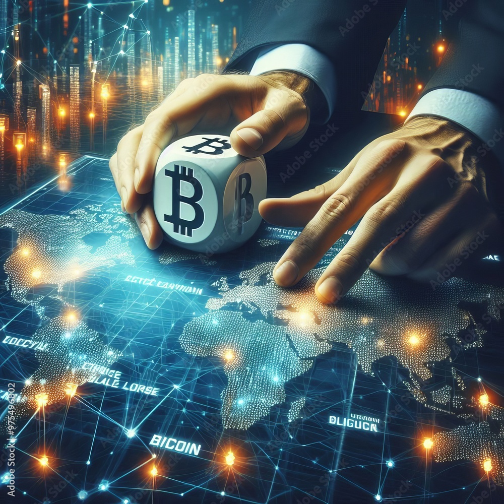 Poster two hands interact with bitcoin dice positioned on a digital world map, symbolizing global financial