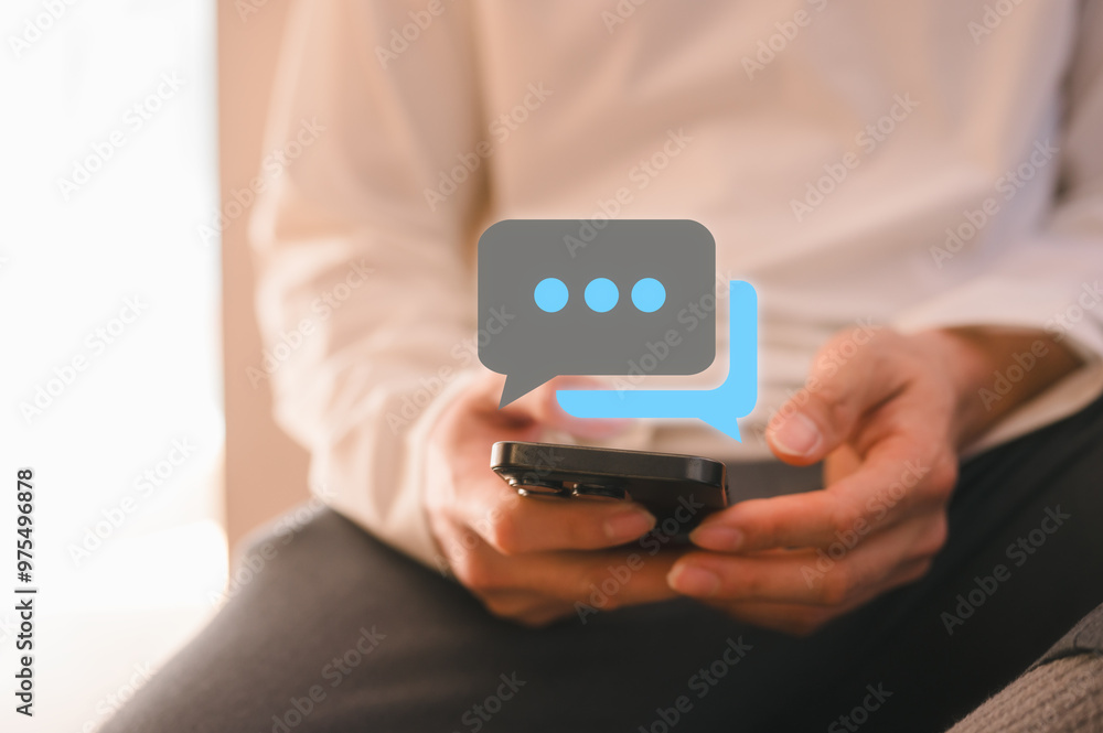 Poster social media man hand using smartphone typing live chat chatting on application communication digita