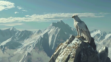 A white eagle perched on a mountain peak overlooking a snowy, mountainous landscape.