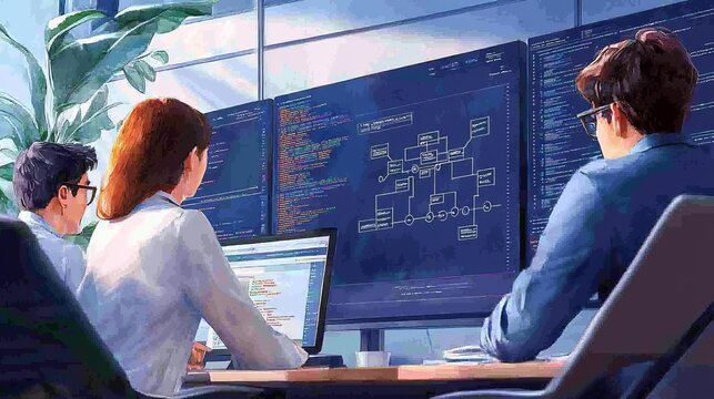 Team of software developers collaborating in a modern tech office, with large screens showing data flow diagrams and coding notes, rendered in a vibrant watercolor painting style
