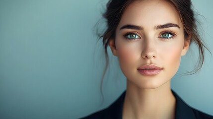 Fototapeta premium Close-up portrait of a woman with green eyes and soft makeup
