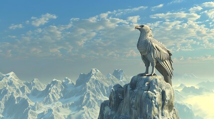 A majestic white eagle perched on a rocky peak, overlooking a snowy mountain range.