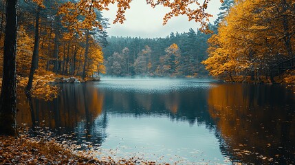 Obraz premium A tranquil autumn landscape featuring a serene lake surrounded by vibrant orange and yellow trees reflecting in the water.
