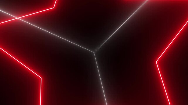 Glowing neon red color star with sparkles in fog abstract background. Electric light frame. Geometric fashion design vector illustration. 3d video.