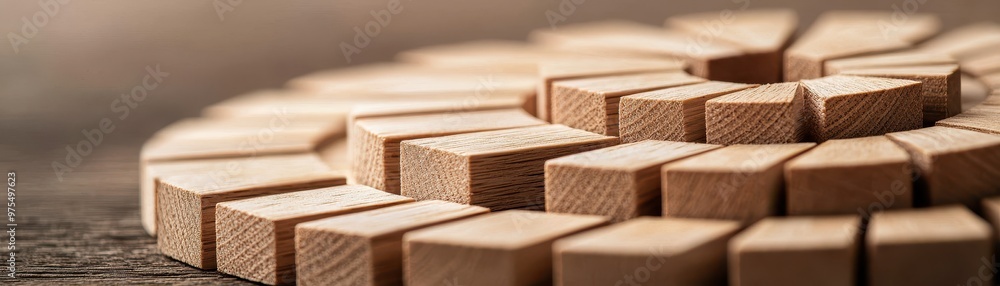 Poster a close-up view of wooden blocks arranged in a circular pattern, showcasing their texture and natura