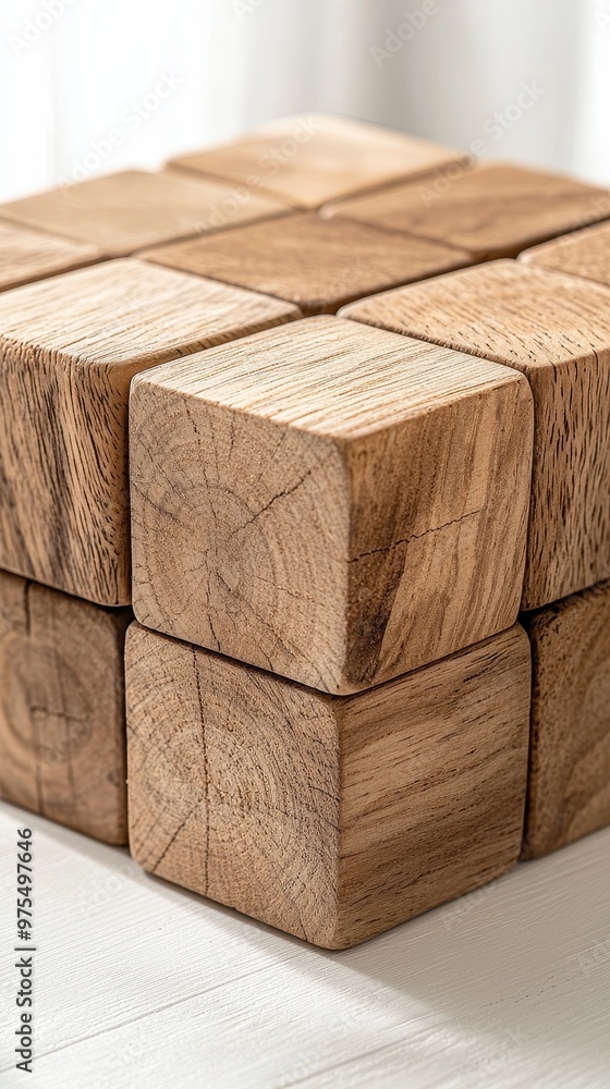 Poster a stack of wooden blocks with a smooth texture, arranged in a cube shape, highlighting their natural