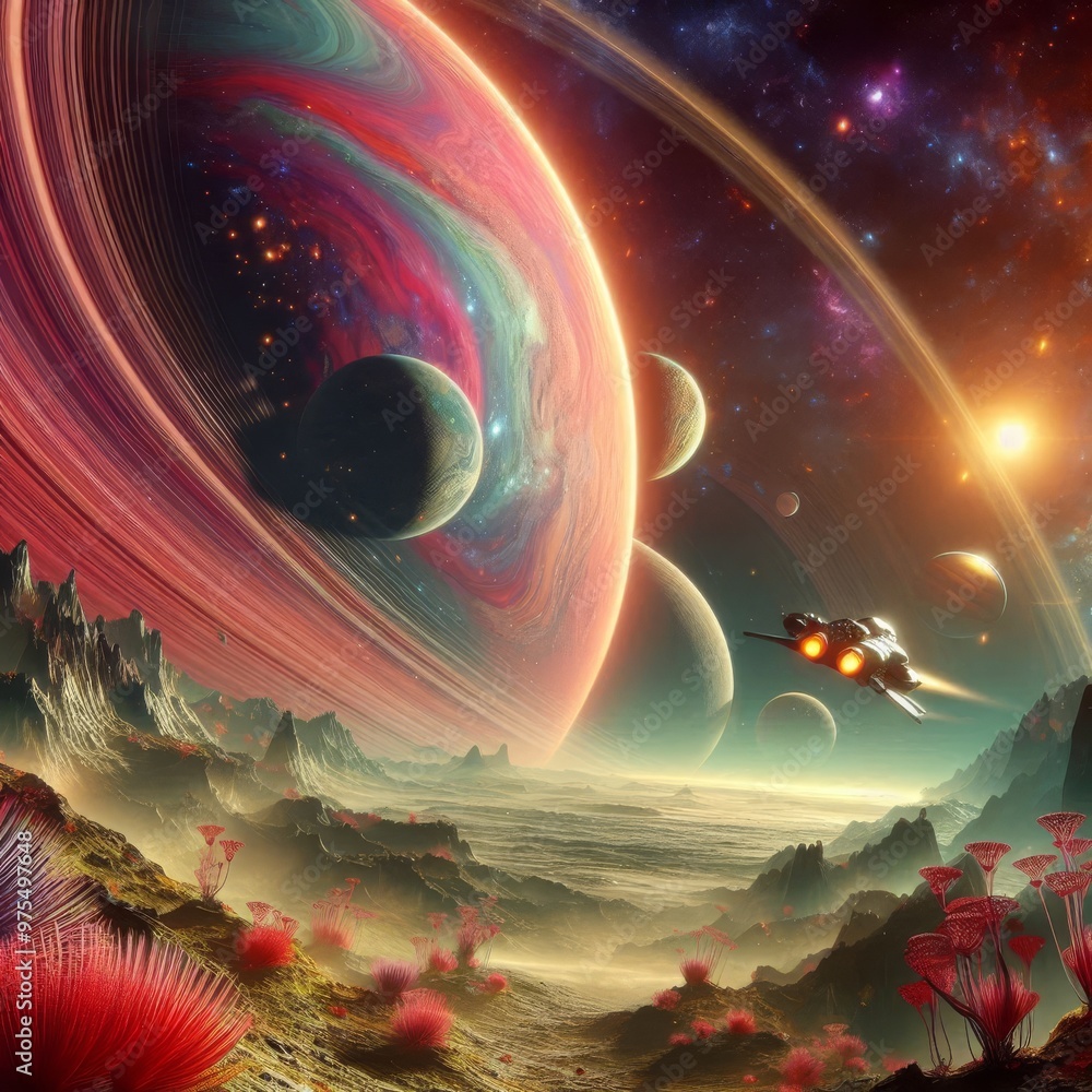 Poster a spaceship soars above a breathtaking alien landscape featuring a colossal planet with vibrant ring