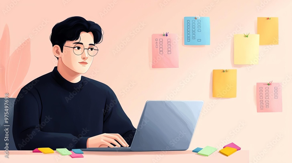 Wall mural software engineer in a stylized office setting, with a laptop open to code and colorful sticky notes