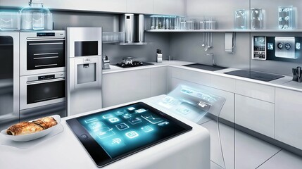 Fototapeta premium Modern kitchen with tablet and smart appliances.