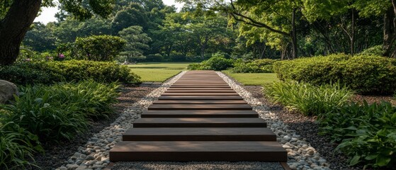A serene pathway made of wooden planks leads through lush greenery, inviting exploration in a peaceful garden setting.