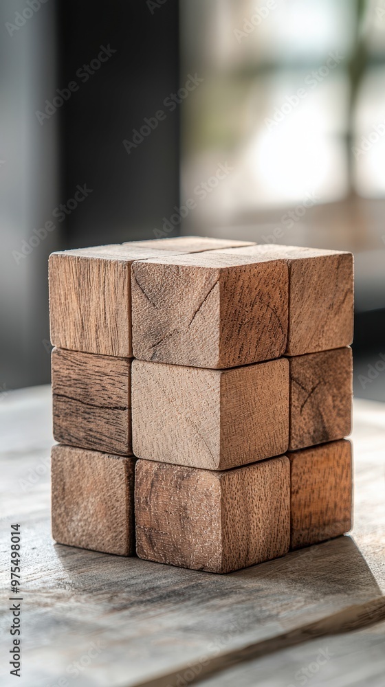 Poster a wooden cube puzzle stands on a table, showcasing its intricate texture and design against a softly