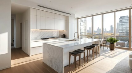 Modern kitchen with white cabinets, marble countertops, and a large island with bar stools. The kitchen has a view of a city skyline.