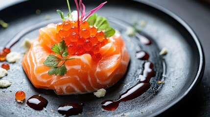 Gourmet presentation of salmon carpaccio with vibrant red caviar and delicate pumpkin pieces on a black plate, showcasing fine dining.