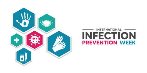 International Infection Prevention Week. Virus, hand, syringe, gloves, plus icon and mask. Great for cards, banners, posters, social media and more. White background.