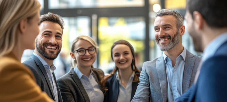 Business professionals meet for the first time at a conference, exchanging smiles and handshakes as they introduce themselves. The environment is welcoming and conducive to networking.