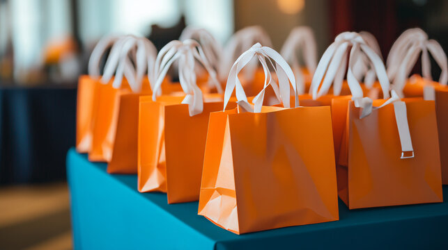 Corporate gifts and souvenirs for employees, presented in gift bags at a conference. 