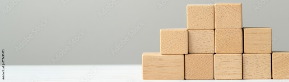Poster a simple arrangement of wooden blocks in a triangular formation against a neutral background, convey