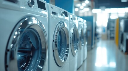 Efficient and Stylish Modern Washing Machines in Well-Lit Appliance Showroom
