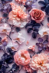 Seamless floral design with roses, tulips, and orchids in a harmonious arrangement.