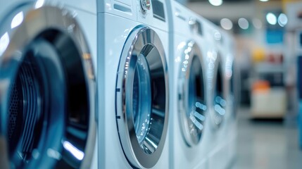 Efficient and Stylish Modern Washing Machines in Well-Lit Appliance Showroom