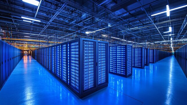 Futuristic Data Center Technology: Rows of Illuminated Server Racks with Copy Space