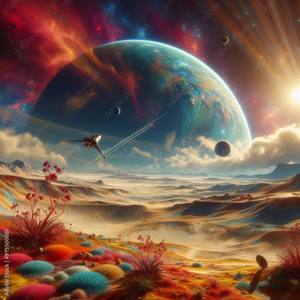 Poster a vivid scene of an alien desert landscape filled with bright, surreal flora under a sky lit by mult