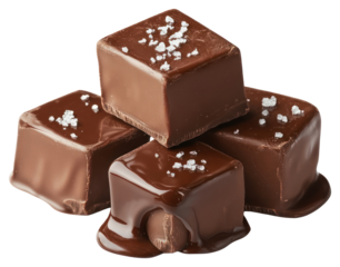 Three chocolate cubes stacked and melted chocolate sauce dessert fudge cocoa.