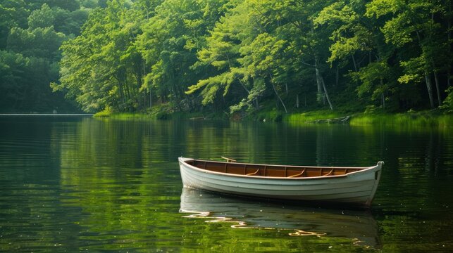 Photograph of a rowboat floating on a calm lake with lush green trees in the background and soft morning sunlight.