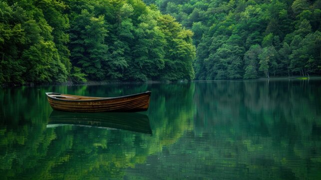 Photograph of a rowboat floating on a calm lake with lush green trees in the background and soft morning sunlight.