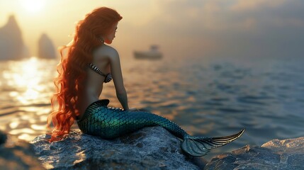 A mermaid with long red hair sits on a rock, looking out at the ocean at sunset.