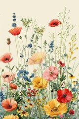 Naklejka premium Seamless floral design with an assortment of wildflowers and greenery